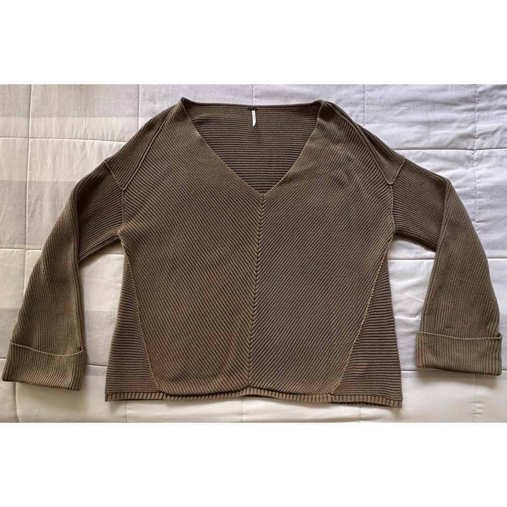 Free People Black La Brea Olive Green  V-Neck Ribbed Knit Sweater Women's Large